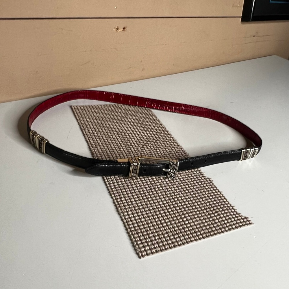 Brighton Reversible Skinny Leather Belt Black Red Croc Silver Heart Buckle 36in